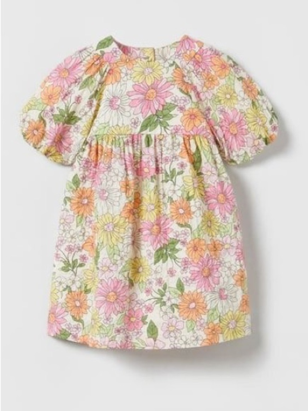 Zara Floral Puff-Sleeve Dress in Pink & Orange